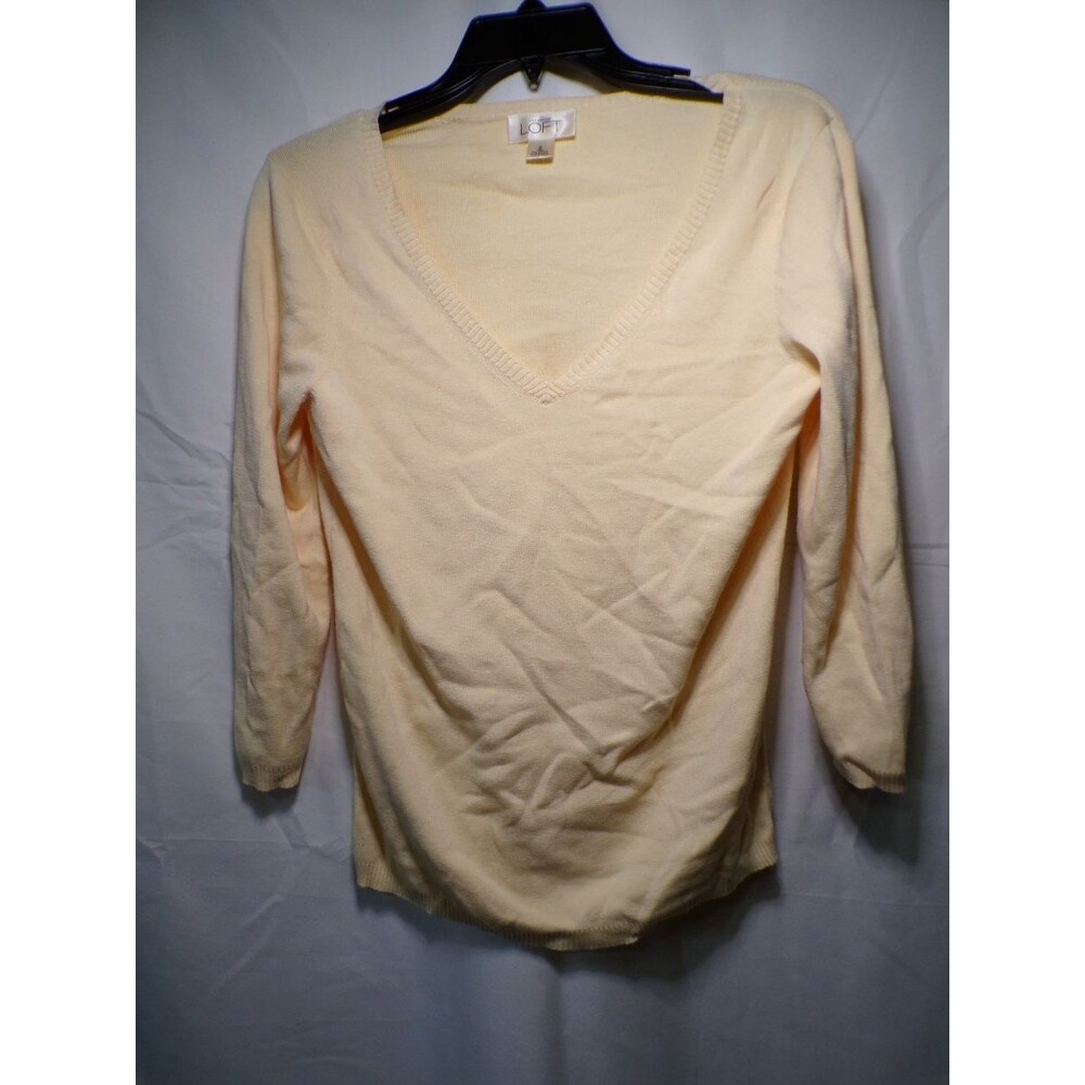 LOFT Women's Ivory Pima Cotton V Neck Pullover Sweater Small Knit